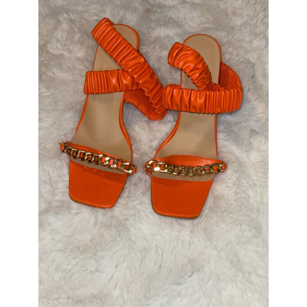 Orange open toe Gold accent chain Heel size 7